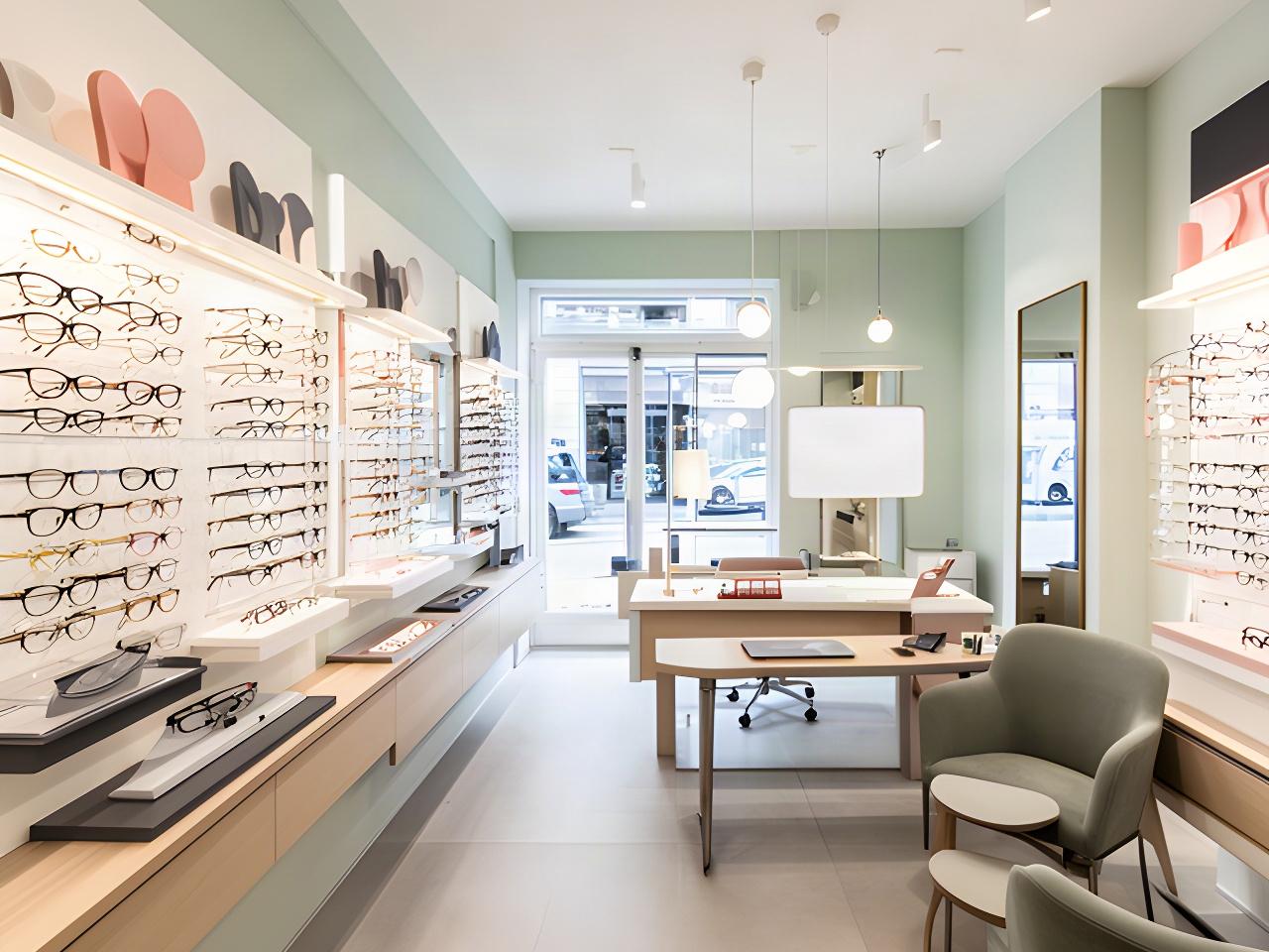 Einladendes Interieur des Optikgeschäfts mit Brillenwand und Beratungsplatz in Le Grand-Saconnex