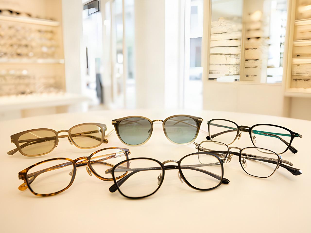 Auswahl aus Sonnenbrillen und Korrekturbrillen auf einem hellen Tisch im Optikgeschäft