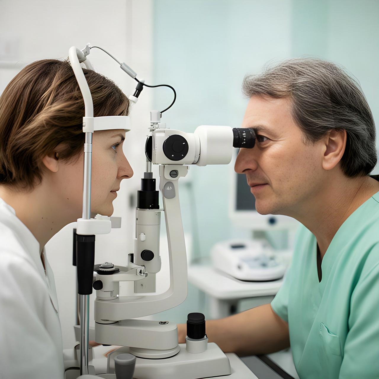 Optometrist bei einer sorgfältigen Augenprüfung mit Spaltlampe in einem ruhigen Untersuchungsraum