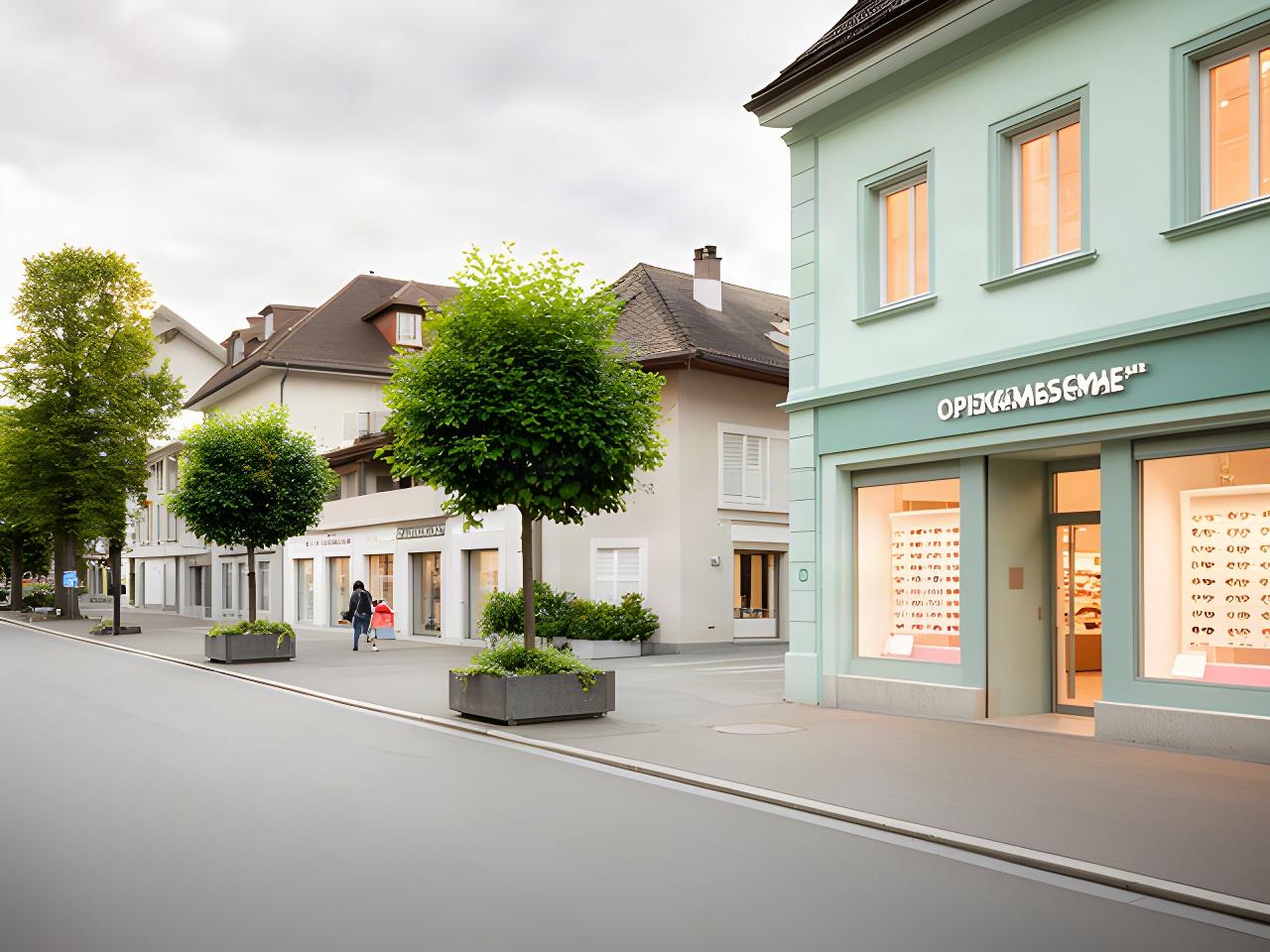 Strassenszene an der Route de Valavran in Le Grand-Saconnex mit ruhigem Zugang zu einem Optikgeschäft