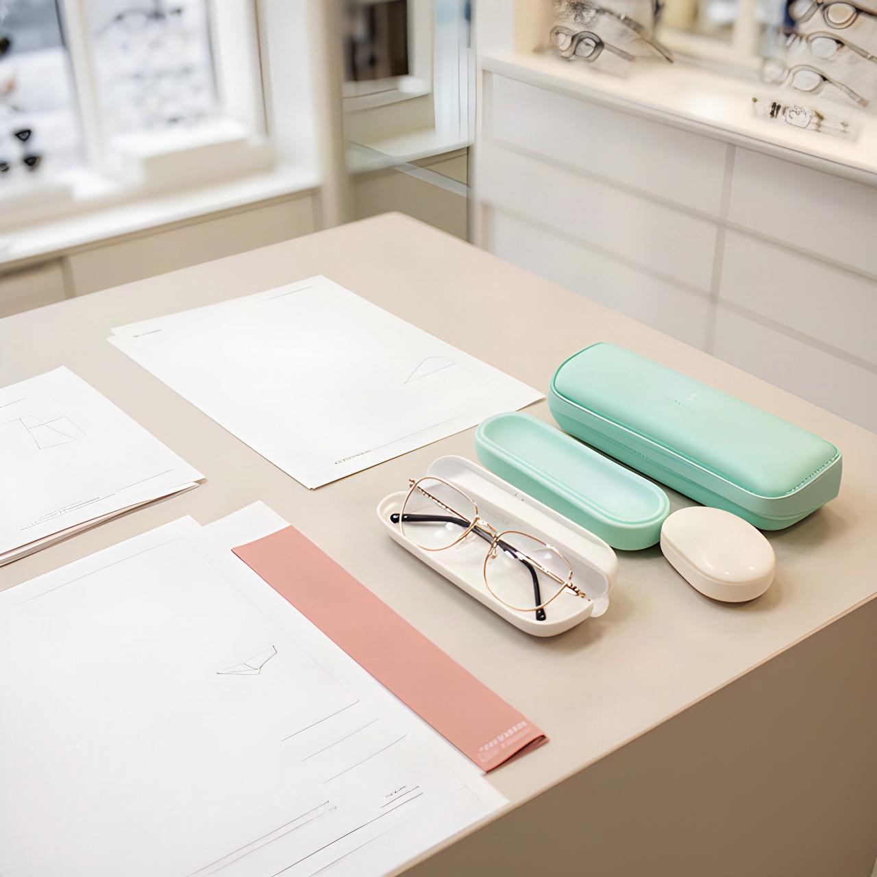 Kontaktlinsenbehälter und Brillenetui neben Unterlagen in einer Optikfiliale